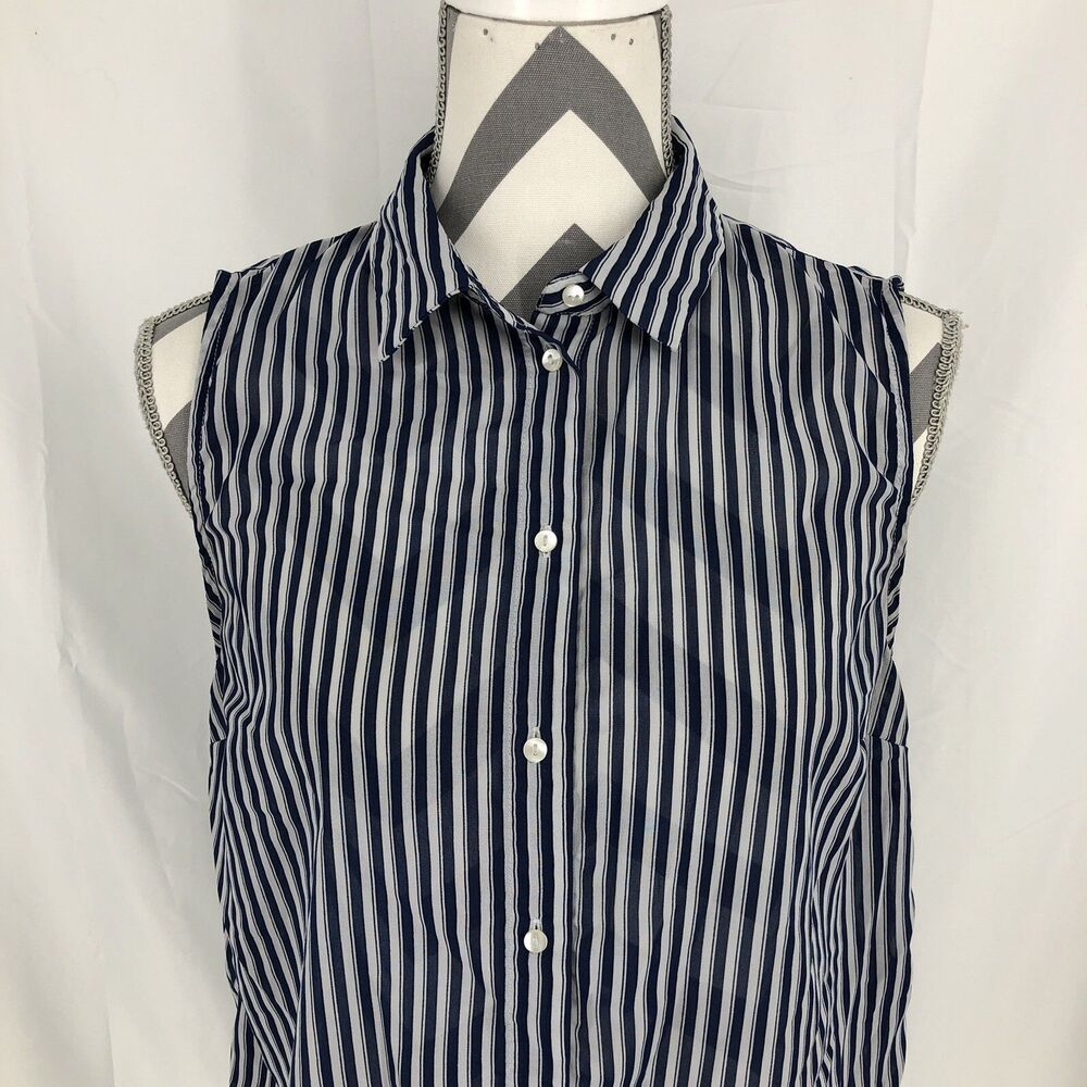 H&M Sleeveless Button Up Blue & Gray Striped Collared Blouse Shirt 4